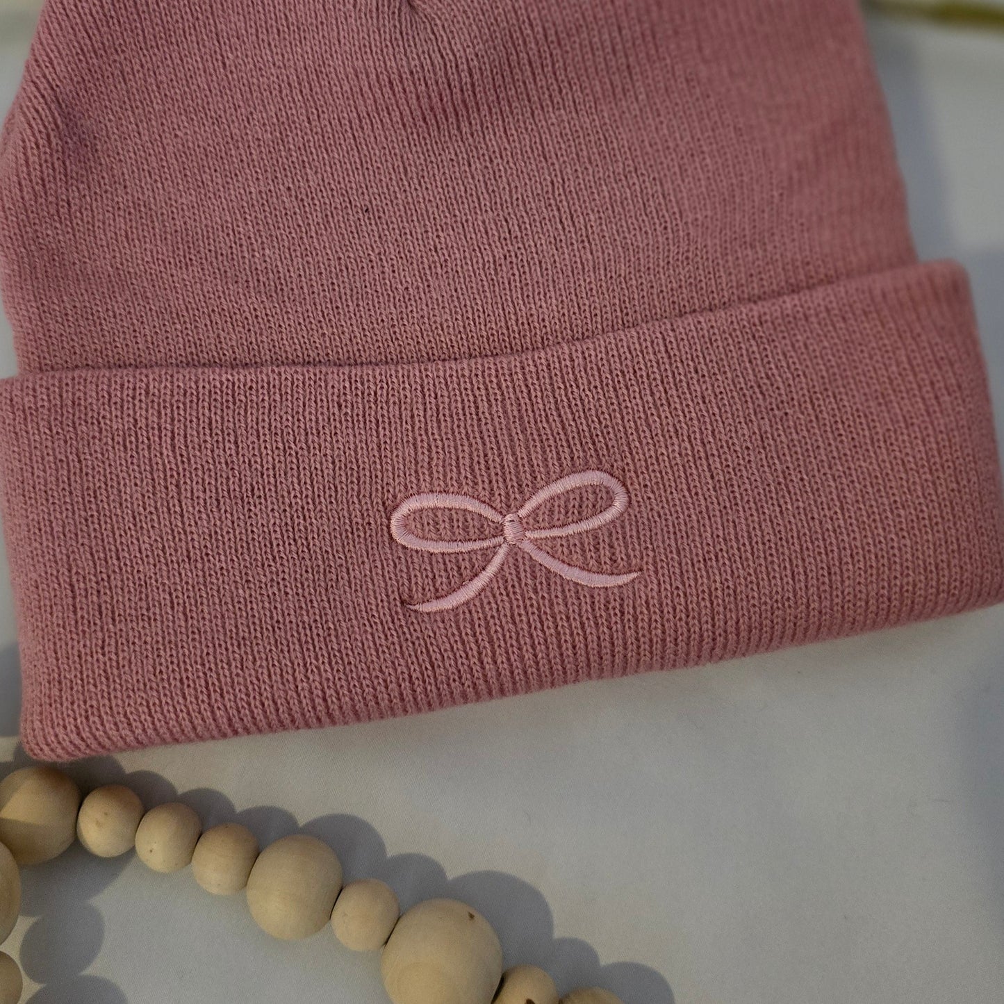 Pink Coquette Bow Embroidered Beanie