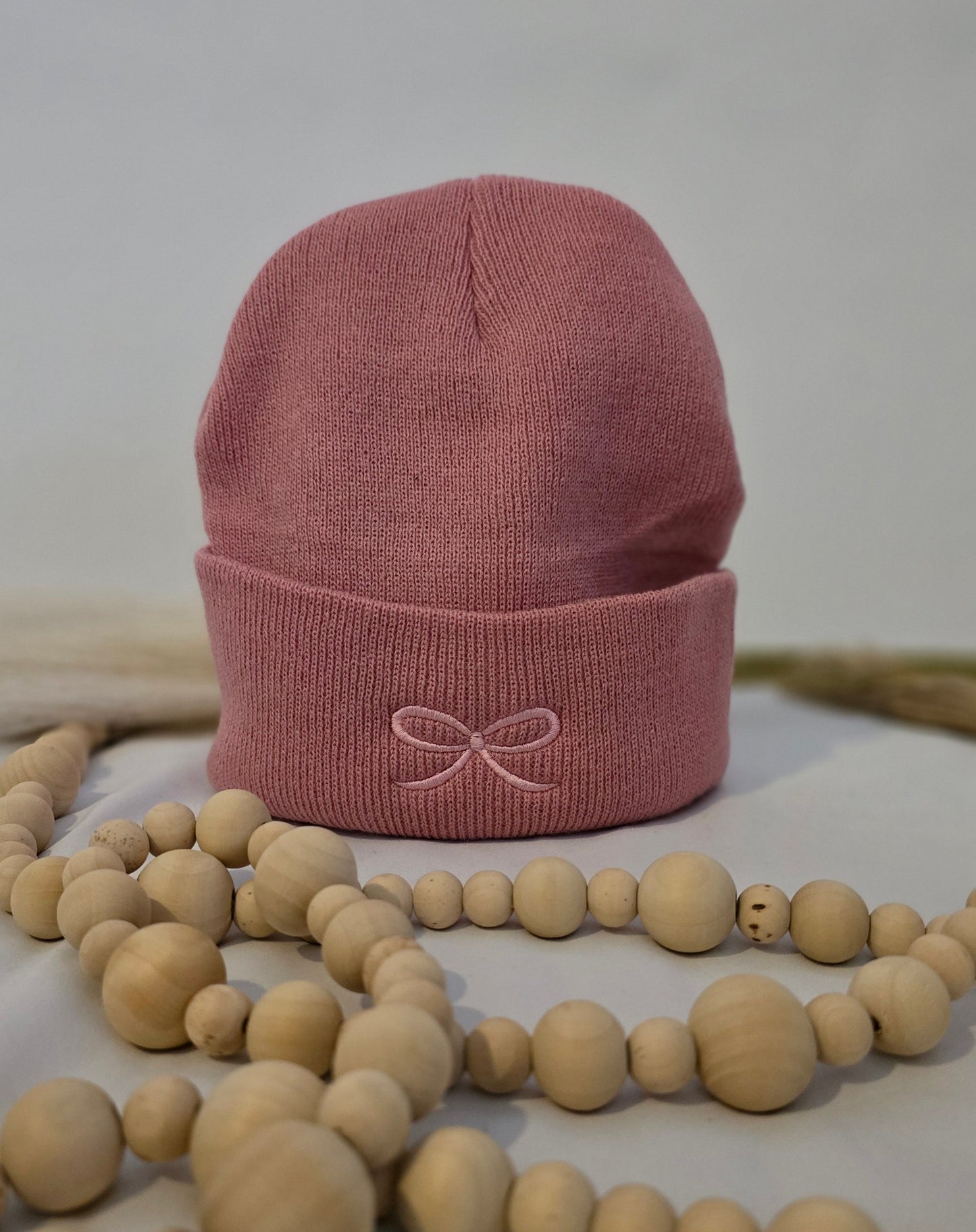 Pink Coquette Bow Embroidered Beanie